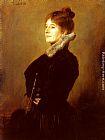 Franz Von Lenbach Famous Paintings - Portrait Of A Lady Wearing A Black Coat With Fur Collar